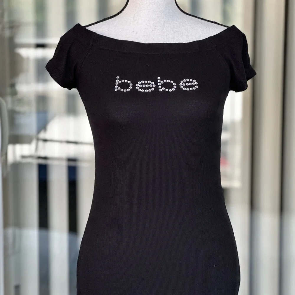 Bebe Black Mini Dress with Rhinestone Logo NWOT - Picture 2 of 6